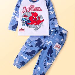 Babyhug Marvel Single Jersey Knit Full Raglan Sleeves T-Shirt & Lounge Pant Set With Spiderman Graphics & Camouflage Print -White & Blue-image-1