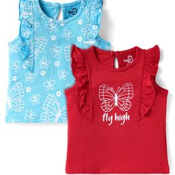 Doodle Poodle 100% Cotton Knit Frill Sleeves Tops with Butterfly Print Pack of 2 - Red & Light Blue-image-1