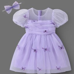 Mark & Mia Half Puffed Sleeves Party Frock with Headband & Butterfly Print - Lavender-image-71