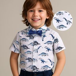 Mark & Mia Cotton Woven Half Sleeves Dino Printed Shirt with Bow Detailing - White-image-90