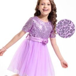 Hola Bonita Knit Half Sleeves Glitter Mesh Party Dress With Sequinned Yoke & Floral Applique - Lilac-image-95