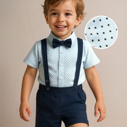Babyhug Knit Half Sleeves Polka Dot Printed Shirt & Shorts With Bow & Suspender - Light & Navy Blue-image-25