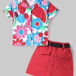 OLLINGTON ST. Cotton Half Sleeves Top & Skirt with Floral & Fruits Print - Multicolor & Red-image-43