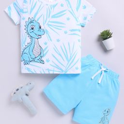 Little Ninja Cotton Half Sleeves Dinosaur Printed Coordinating Tee & Shorts Set - Sky Blue-image-51