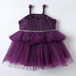 Enfance Sleeveless Floral Applique Detailed Shimmered Layered Knee Length Dress - Wine-image-24