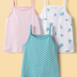 Kookie Kids Single Jersey Knit Sleeveless Leaf & Polka Dot Printed Slips Pack of 3 - White Green & Pink-image-80