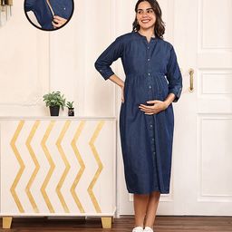 MomToBe Cotton Denim Three Fourth Sleeves Solid Maternity Dress With Concealed Zipper Nursing Access - Dark Blue-image-29