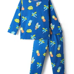 Babyhug Cotton Knit Full Sleeves Co-Ord Night Suit With Tropical Theme Print - Blue-picture-3