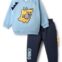 Mark & Mia Terry Knit Full Raglan Sleeves Winter Wear Suit With Dino Applique & Patch Detailing - Sky Blue-picture-21