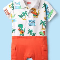 Babyhug 100% Cotton Interlock Knit Half Sleeves Romper with Dino Print - Red & White-image-23