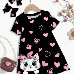 Bolly Lounge Cotton Blend Knit Half Sleeves Hearts & Cat Printed Night Dress - Black-image-70