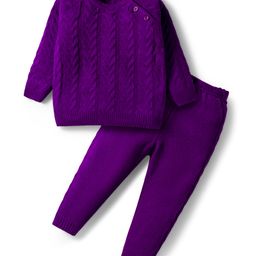 Babyhug Knit Full Raglan Sleeves Sweater Set with Cable Knit Design - Purple-picture-34