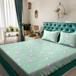 Klotthe Green & White Cartoon Printed Pure Cotton 400 TC King Bedsheet Set 2.5 m x 2.25 m-image-42