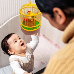 VGRASSP Sound Activated Chirping Single Bird in Hanging Cage - Clap to See The Moving Beak and Flapping Wings -  Beautiful Pinjra Bird Toy for Kids with LED Light - Color and Design May Vary image 2