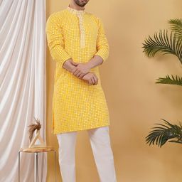 ADHIRAJAN Men Yellow Cotton Kurtas-image-21