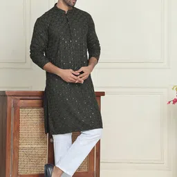 Anouk Olive Geometric Embroidered Sequinned Mandarin Collar Straight Kurta With Trousers-picture-38