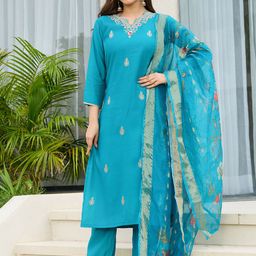 Navlik Floral Embroidered V-Neck Thread Work Straight Kurta With Trousers And Dupatta-image-21