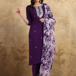 Moda Rapido Floral Embroidered Zari Chanderi Silk Straight Kurta With Trousers & Dupatta-37