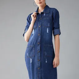 DOLCE CRUDO Women Washed Longline Denim Jacket with Patchwork-image-66