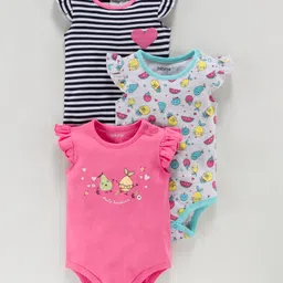 Babyoye Cotton Flutter Sleeves Onesies Fruits Print Pack of 3 - Pink Light Grey-picture-15