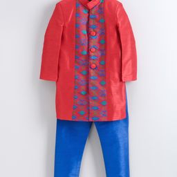 Babyhug Full Sleeves Embroidered Sherwani Set - Red Blue-picture-47
