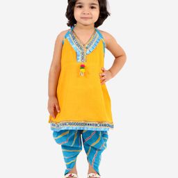KID1 Sleeveless Kurti With Leheriya Dhoti - Yellow-picture-16