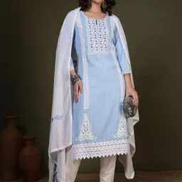 Anouk Women Ethnic Motifs Embroidered Regular Thread Work Pure Cotton Kurta with Trousers & With Dupatta-picture-29