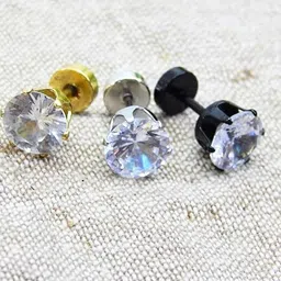 Roadster Single Ear Golden, Black Silver Stud Earrings Combo for Men-19