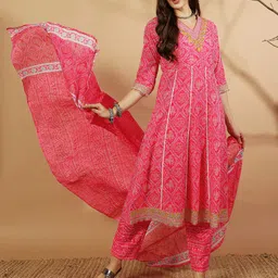 IkDaiya Bandhani Printed Thread Work Pure Cotton Anarkali Kurta With Trousers & Dupatta-1