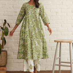 HERE&NOW Floral Printed Round Neck Pure Cotton A-Line Kurta with Palazzo-16