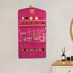Kuber Industries Pink & White Printed Cotton Hanging Jewellery Organizer With Zip-29