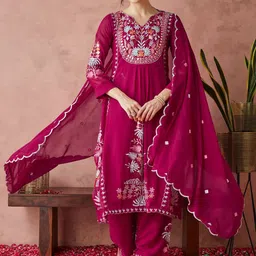 RAJGRANTH Ethnic Motifs Embroidered Mirror Work Georgette Kurta & Trouser With Dupatta-image-20