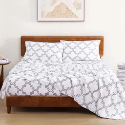 LANE LINEN Silver-Toned & White Geometric 144 TC Queen Bedsheet with 2 Pillow Covers-image-42