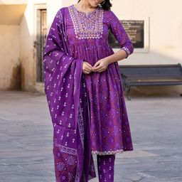 KALINI Bandhani Printed Thread Work Pure Cotton A-Line Kurta With Trouser & Dupatta image 4