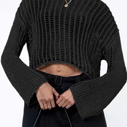 StyleCast Women Open Knit Self Design Boat Neck Crop Pullover-picture-29