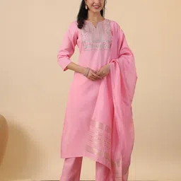 Janasya Women Ethnic Motifs Embroidered Regular Sequinned Pure Cotton Kurta with Trousers & With Dupatta-10