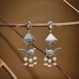 NAMAN ARTS Silver-Plated Artificial Stones Studded & Beaded Oxidised Drop Earrings-image-48