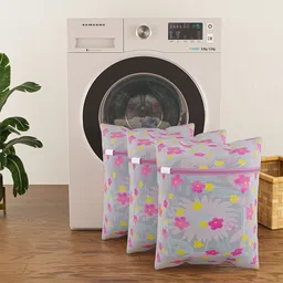 Kuber Industries Pink 3 Pieces Sunflower Printed Reusable Laundry Bags With Zipper-54