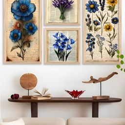 Kotart Brown & Blue 4 Pieces Floral and Botanical Wooden Wall Arts-picture-14