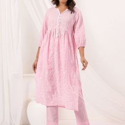 Janasya Floral Embroidered Pure Cotton Pleated A-Line Pure Cotton Kurta With Trousers-image-91