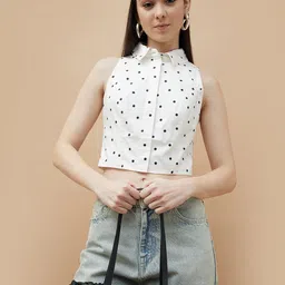 Ginger by Lifestyle Women Shirt Collar Polka Dots Cotton Crop Top-image-18