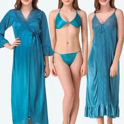 Dreambe Pack of 4Wrap Gown Nightdress with Lingerie Set-image-2
