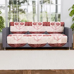 Aura Red & Cream-Coloured 6 Pieces Printed Cotton 3 Seater Sofa Covers-8