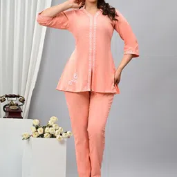 Arudhi Thread Work Pure Cotton V Neck Tunic With Trousers-picture-29