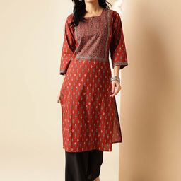 KALINI Floral Printed Keyhole Neck Three-Quarter Sleeves Pure Cotton Straight Kurta-picture-40