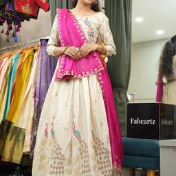 Fabcartz Embroidered Thread Work Semi-Stitched Lehenga & Unstitched Blouse With Dupatta-1