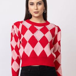 GFO Women Geometric Printed Woollen Crop Sweaters-18