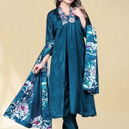 Anouk Floral Yoke Design Pleated Thread Work Chinon Kurta With Trousers & Dupatta-picture-8