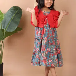 Sangria Girls Floral Printed Cotton A-line Dress With Jacket-image-92