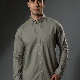 Espanshe Men Slim Fit Button-Down Collar Pure Cotton Oxford Casual Shirt With Elbow Patch-32